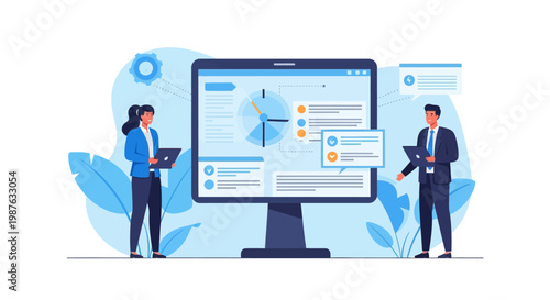 Business professionals analyzing data and charts on a large computer screen.