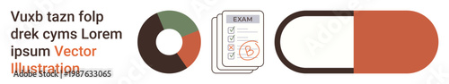 Data visualization, education, healthcare, prescription analysis, medical research, pharmaceutical marketing. Circular chart, exam paper capsule icon. Data visualization and education