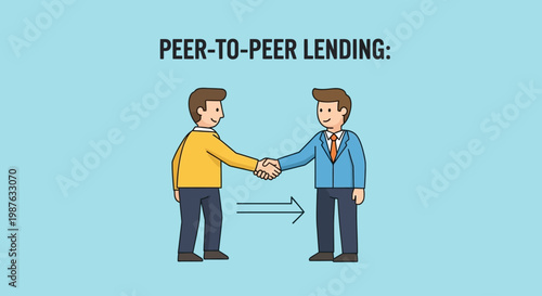 Businessmen shaking hands representing peer-to-peer lending concept with arrow symbol.
