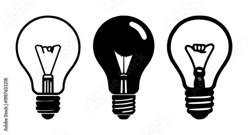 Lightbulb set with solid black icon design on white background featuring concept, symbol, illustration with creativity and innovation