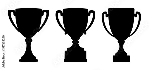 Trophy award set with outlined design featuring winner cup, prize, achievement with success and competition