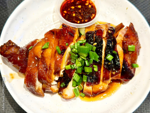 Chinese roast honey BBQ chicken with a spicy chilli dipping sauce