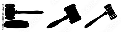 Legal gavel icon set with a solid black fill and simple lines featuring justice, law, judgment with authority and court