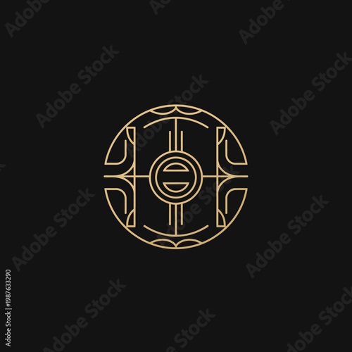 Golden Art Deco Style Circular Emblem with Intricate Geometric Patterns.