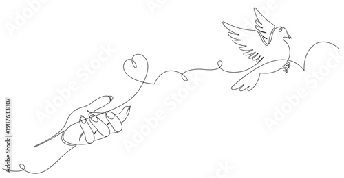 continuous line drawing of a hand releasing a dove, for freedom and affection