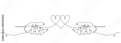 a continuous line drawing depicting two hands connected by a heart