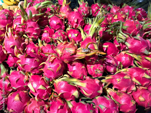 Colourful red Dragon Fruit for sale at a market in Asia
