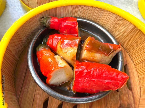 Chinese steamed stuffed red chilis Dim Sum meal