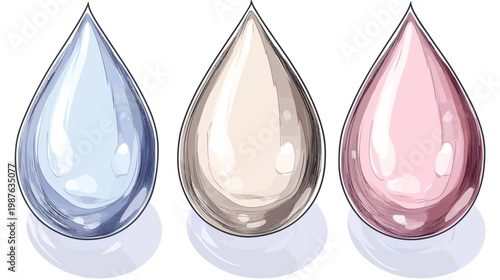 Three stylized, teardrop-shaped illustrations, each with different color and texture, on a white backdrop