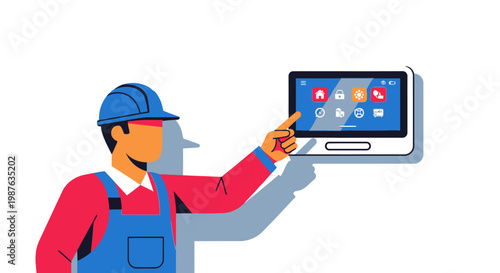 Technician in Hard Hat Operating a Smart Home Control Panel Interface for Automation and Security Management