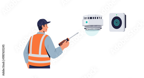 Professional Technician Installing Smoke Detector and Security Alarm System, Vector Illustration of Fire Safety Service and Maintenance Specialist in High Visibility Vest