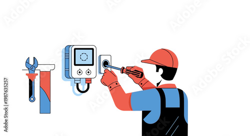 Electrician Installing or Repairing Smart Home Device Illustration. Technician working on electrical panel with screwdriver, professional home maintenance service concept.
