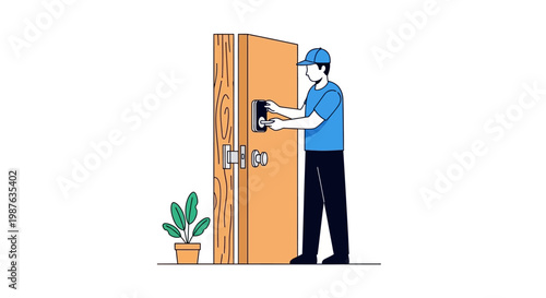 Professional Locksmith Installing Smart Electronic Door Lock - Home Security and Technology Service Illustration