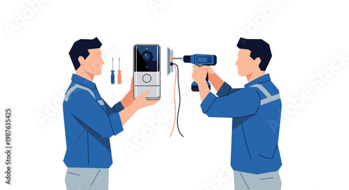 Professional Technicians Installing Smart Video Doorbell Camera, Home Security System Installation Illustration