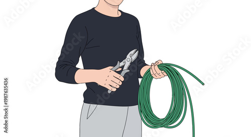 Professional Electrician or Technician Holding Wire Cutters and a Coil of Green Cable, Flat Vector Illustration Isolated on White