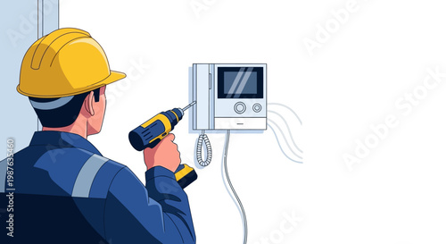 Professional Technician Installing Modern Video Intercom System on Wall with Power Drill