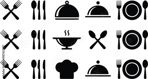 Black and white restaurant icon set featuring cutlery serving platter plate and dining symbols in minimalist style collection