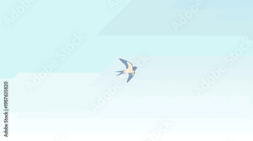 Graceful solitary bird soars across a vast, tranquil blue sky, embodying freedom and lightness in a minimalist vector illustration perfect for peaceful designs