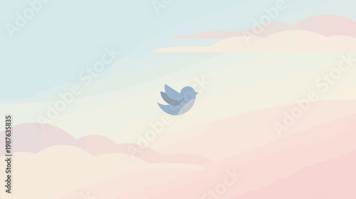 Abstract vector illustration of a tranquil blue bird soaring through a dreamy pastel sky filled with soft, gradient clouds, evoking a sense of calm and aspiration