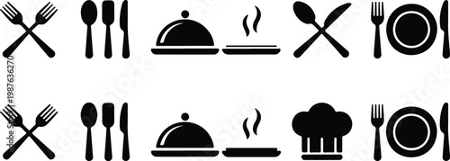 Black and white restaurant icon set featuring cutlery serving platter plate and dining symbols in minimalist style collection