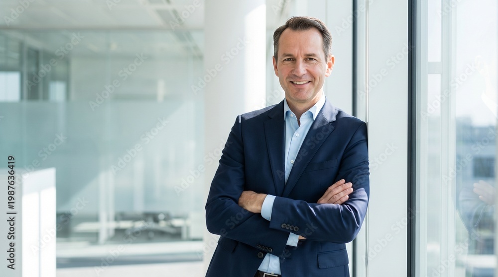 Fototapeta premium Confident professional in office: A distinguished professional stands with arms crossed. conveying confidence, poise, and success. set against a modern office backdrop