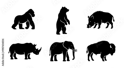 Silhouette animals vector illustration featuring gorilla bear boar rhino elephant and bison vector art