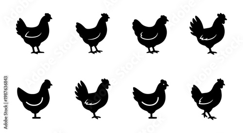 Black chicken silhouette vector art collection featuring farm animals and poultry designs for crafts