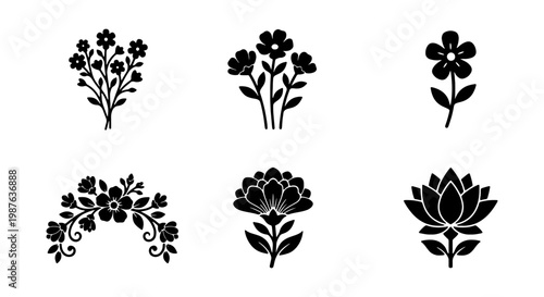 Floral vector design elements: flower silhouettes, botanical illustrations and floral art design
