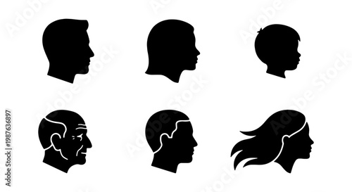 Vector silhouettes of diverse people profile faces for family tree and genealogy design resource material