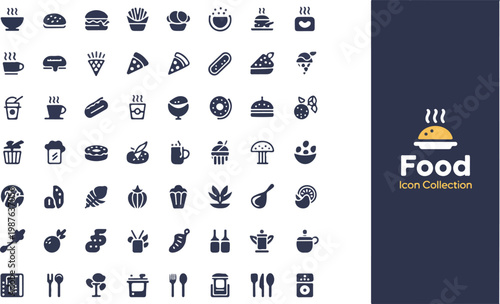 Minimalist food icon set design with navy background featuring multiple cuisine symbols and central serving platter illustration layout composition