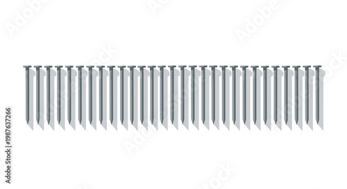 Row of Identical Steel Nails Isolated on White Background for Construction and Carpentry Concepts