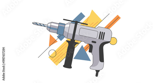 Modern Power Drill Illustration with Abstract Geometric Shapes for Home Improvement and DIY Projects