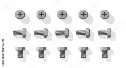 Set of Industrial Hex Head Bolts and Screws Vector Illustration on White Background