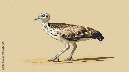 A detailed illustration of a bird standing on a sand-colored ground with brown and white feathers
