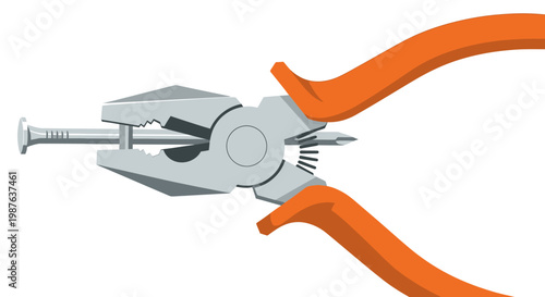 Vector Illustration of Orange Combination Pliers Holding a Metal Nail Isolated on White