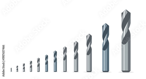 Set of Metal Twist Drill Bits in Various Sizes Arranged by Scale on White Background