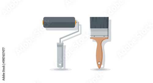 Professional Paint Roller and Paintbrush Flat Vector Illustration for Home Improvement and DIY Renovations