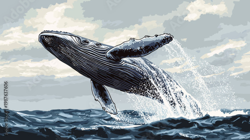 Pixelated artwork of a whale breaching the ocean's surface with splashes and overcast sky