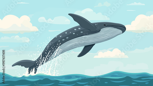 A stylized illustration depicting a whale breaching the ocean's surface with a bright sky and fluffy clouds
