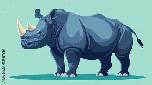 A side view illustration of a rhinoceros with a light green background, showing detail