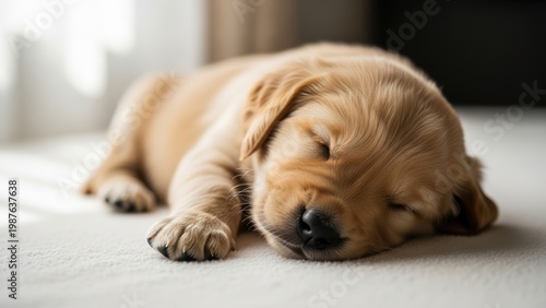 A cute, fluffy golden retriever puppy sleeping on a carpet.