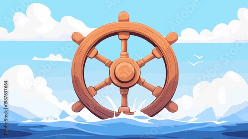 A cartoonish depiction of a wooden ship's steering wheel over a blue sea and sky