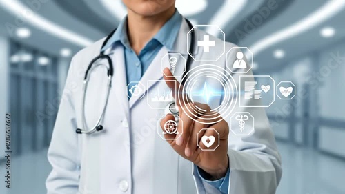 Healthcare Innovation: A doctor in a white coat interacts with an interactive medical interface, symbolizing the fusion of medicine and technology to advance patient care and diagnostic capabilities.