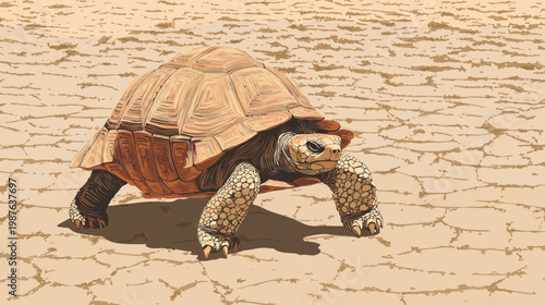 A large turtle with detailed shell and textured skin walks across a cracked, sun-baked landscape