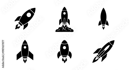 Collection of black and white rocket ship illustrations for space exploration and travel designs