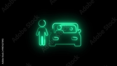 Glowing neon turquoise and man car icon isolated .neon turquoise.4k video