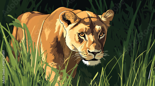 A regal lioness, depicted in a stylized illustration amidst tall green grass