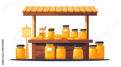 Illustration of a wooden stand selling honey jars and other honey-related products