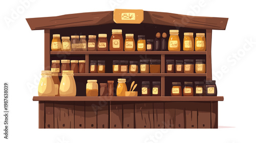 Wooden shelf with jars of preserves and honey. Illustration of a pantry filled with preserved goods
