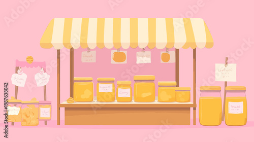 Illustration of a bee market stand with jars of honey, a striped awning, and handwritten signs